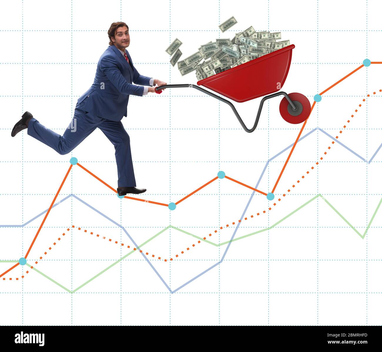 The businessman pushing wheelbarrow full of dollar money Stock Photo ...