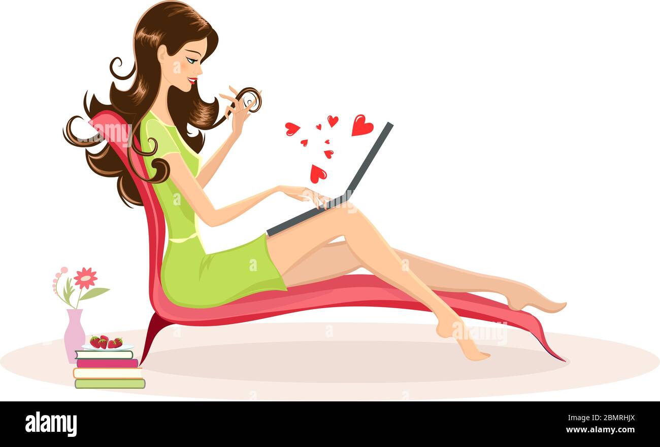 Online dating, distance relationship concept illustration. Young woman on online date using her laptop Stock Vector