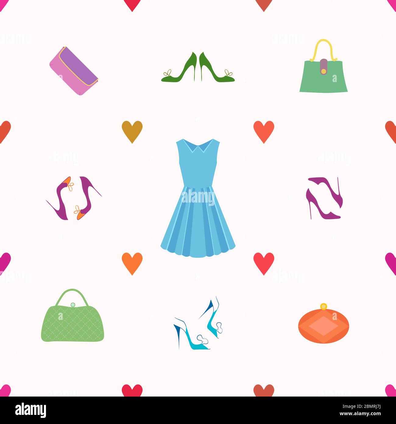 Seamless vector background of fashion items, dress, shoes and handbags, purses Stock Vector