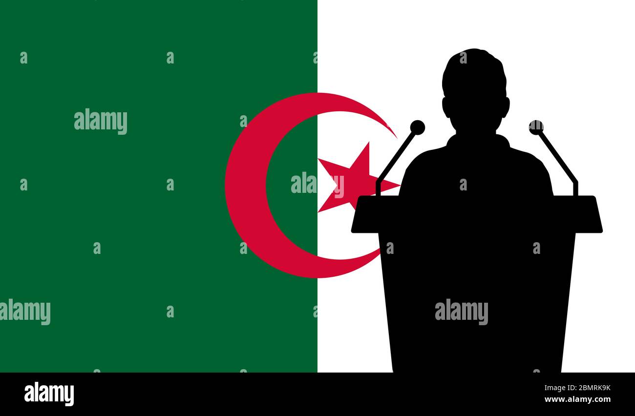 Orator Speaking From Tribune Algeria Flag Background. Public Speaker Speech In Algeria. Businessman Presentation Conference Concept. Stock Vector