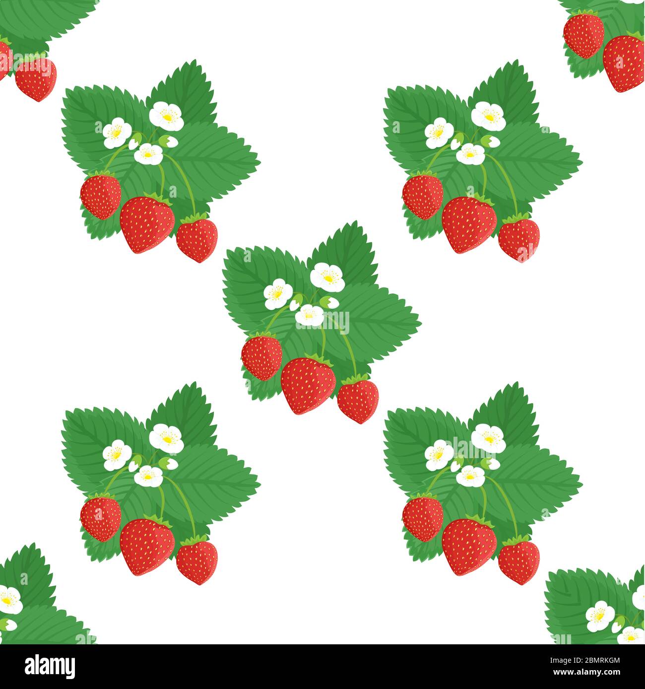 Strawberry with red berries and white flowers seamless vector pattern, background Stock Vector