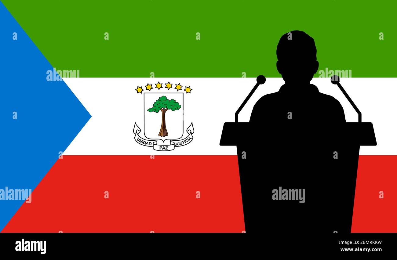 Orator Speaking From Tribune Equatorial Guinea Flag Background. Public Speaker Speech In Equatorial Guinea. Businessman Presentation Conference Concep Stock Vector