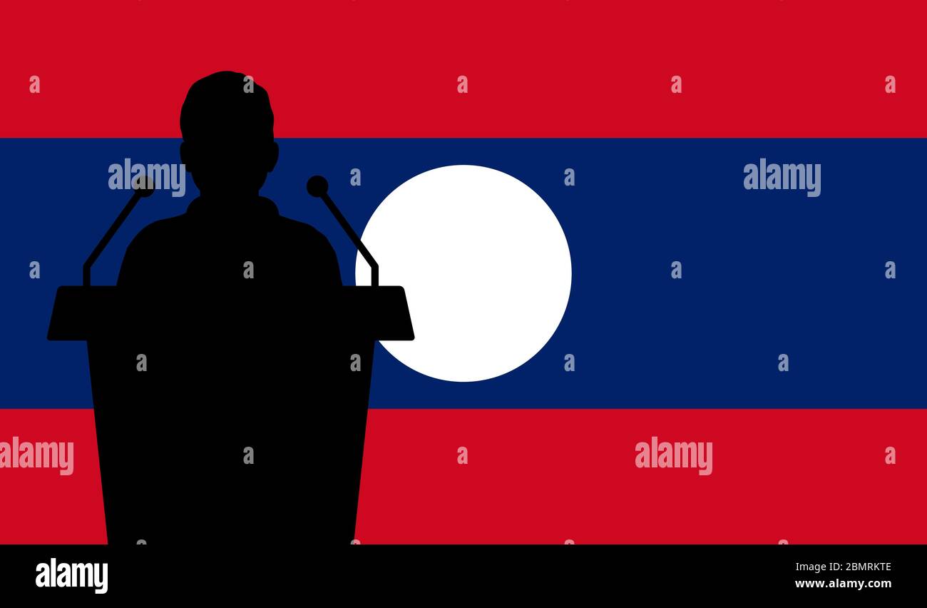 Orator Speaking From Tribune Laos Flag Background. Public Speaker Speech In Laos. Businessman Presentation Conference Concept. Stock Vector