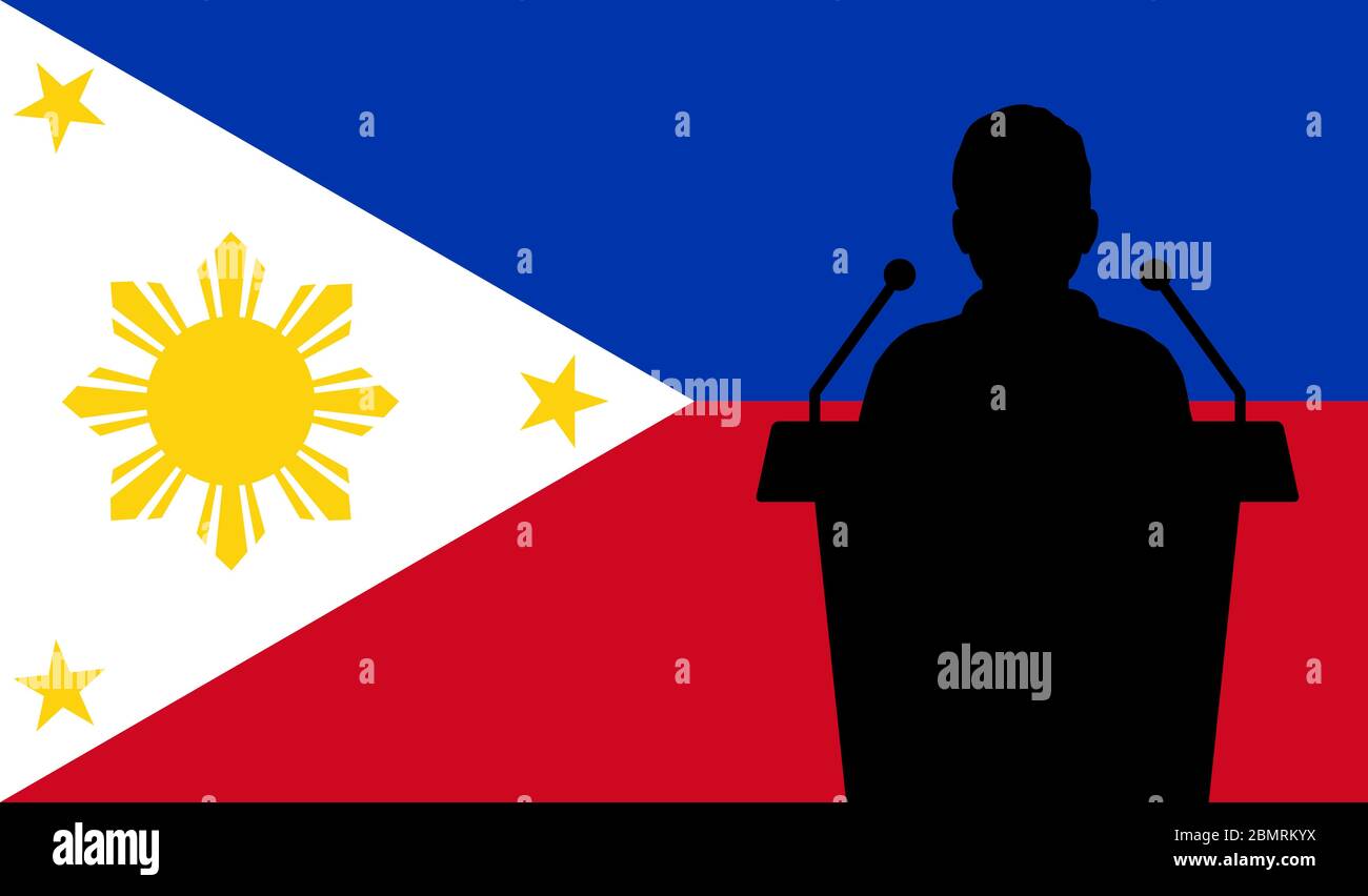 Orator Speaking From Tribune Philippines Flag Background. Public