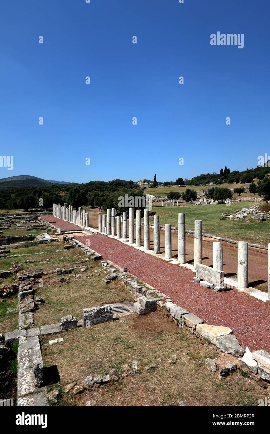 Row of columns surrounding the stadium, ancient Messini, Greece Stock Photo