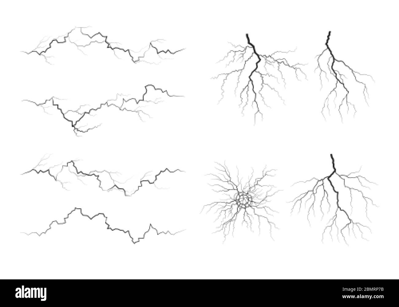 Set of lightning silhouettes. Thunderstorm isolated on white. Vector illustration Stock Vector