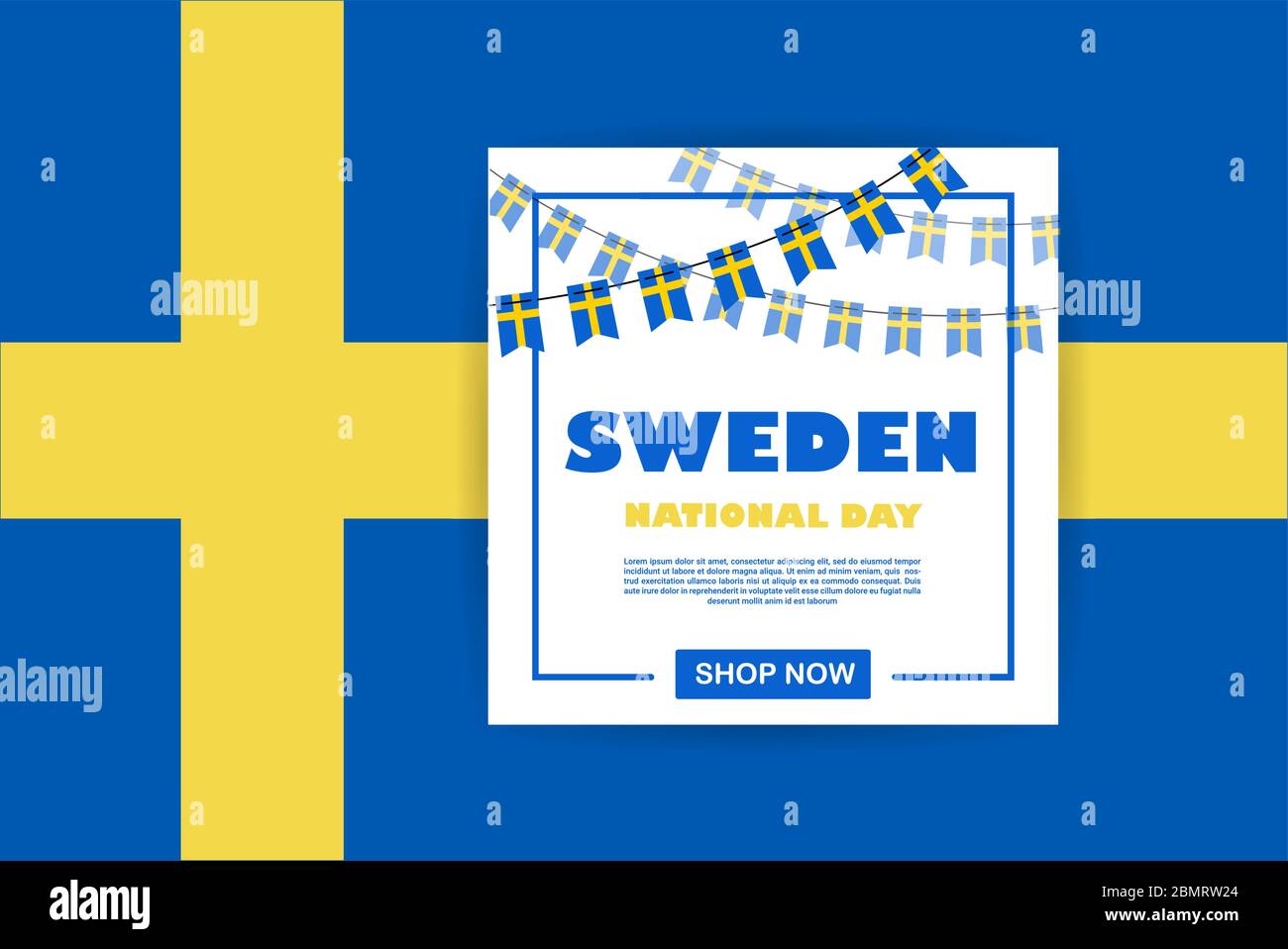 National Day of Sweden, independence day. Vector banner background with bunting of Swedish flags. Background for greeting Card, Poster, Web Banner Stock Vector