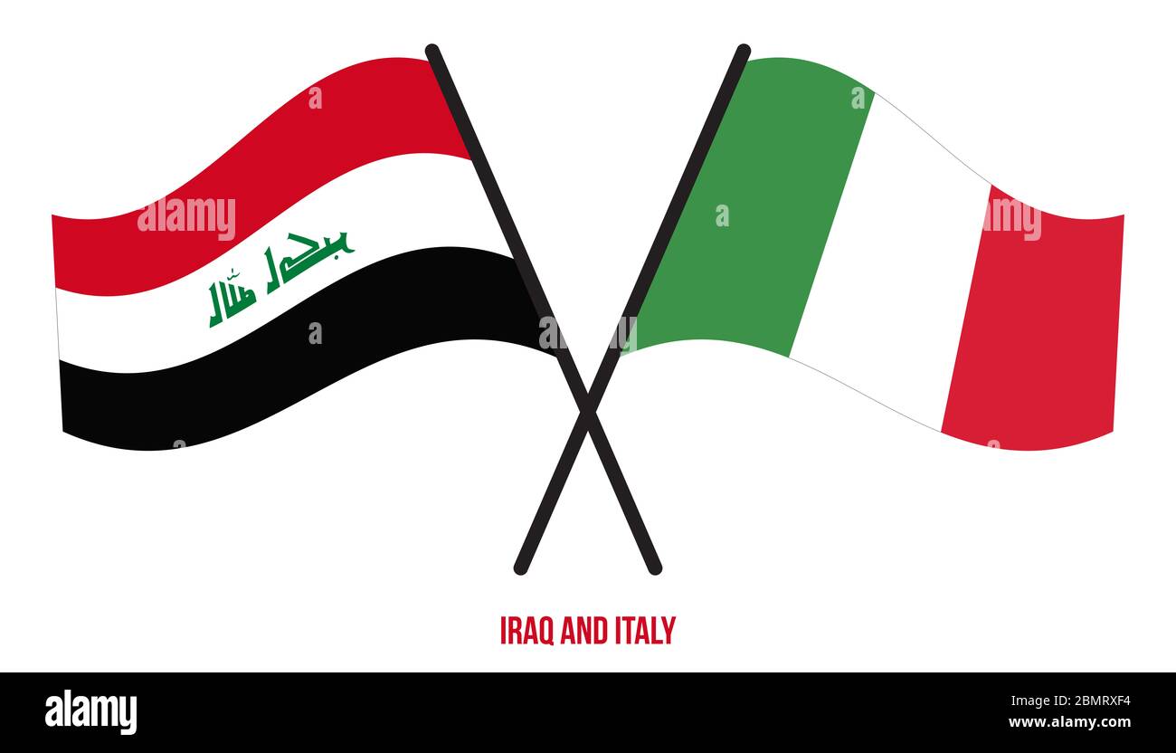 Iraq and Italy Flags Crossed And Waving Flat Style. Official Proportion. Correct Colors. Stock Photo