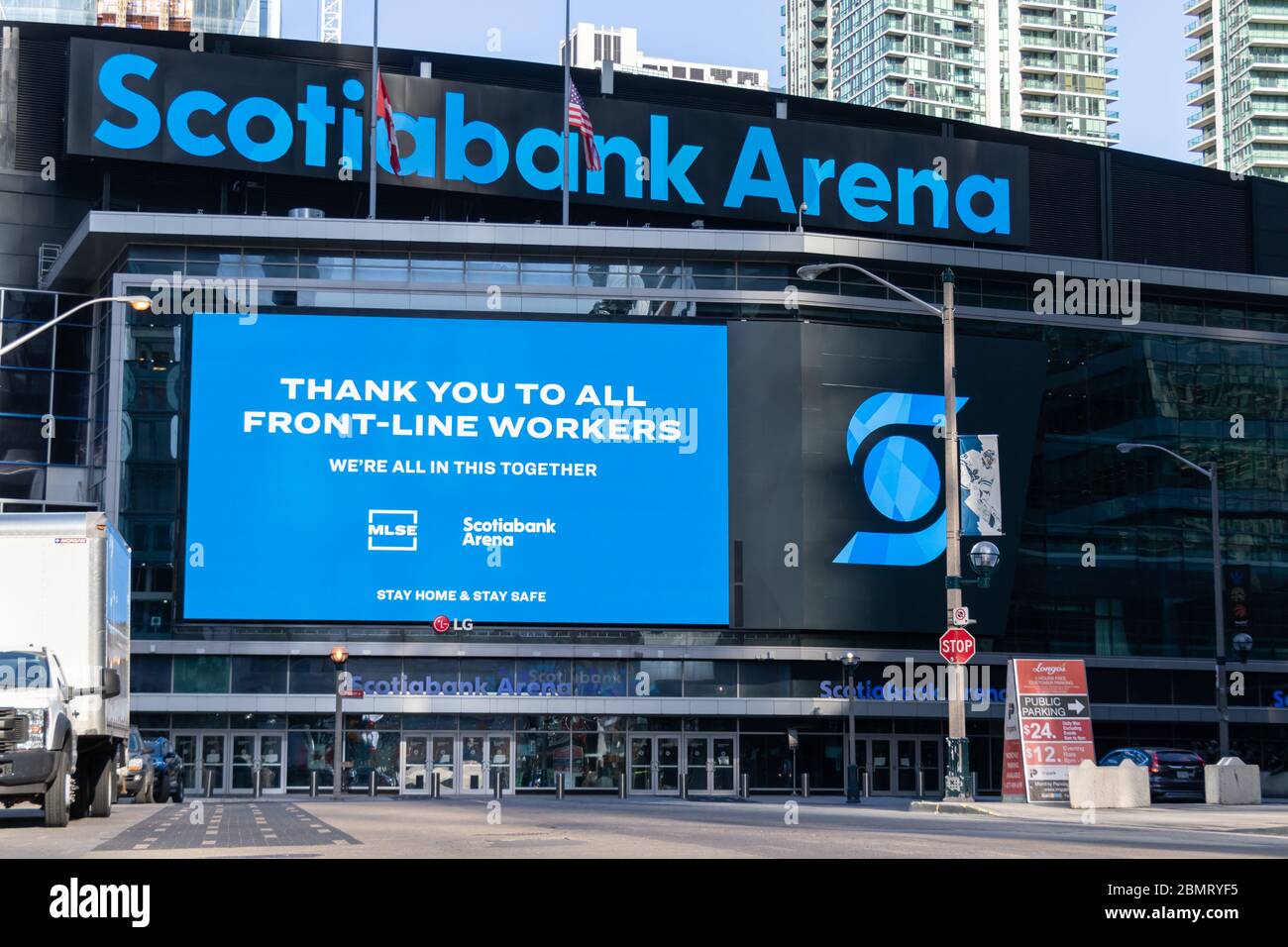 Front of Scotiabank Arena with sign saying “Thank-You To All Front-Line Workers” helping during the COVID-19 pandemic. Stock Photo