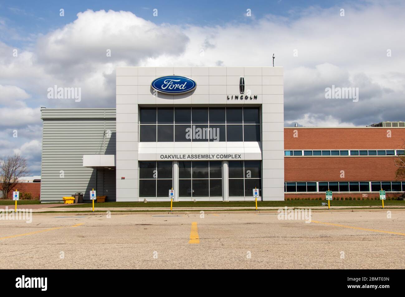 Office entrance to the Ford/Lincoln Motor Company Oakville Assembly Complex, shutdown during the COVID-19 pandemic. Stock Photo