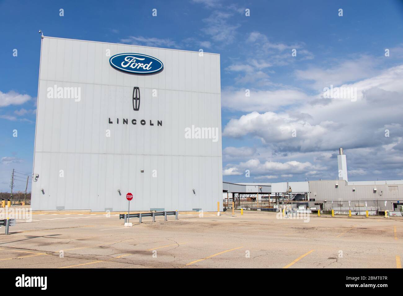 Ford and Lincoln signs atop of the main factory building at their Oakville Assembly Complex. Stock Photo