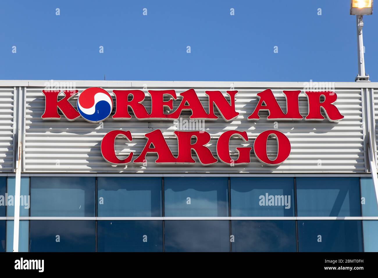 Korean Air Cargo sign at Toronto Pearson Intl. Airport's infield cargo terminal. Stock Photo