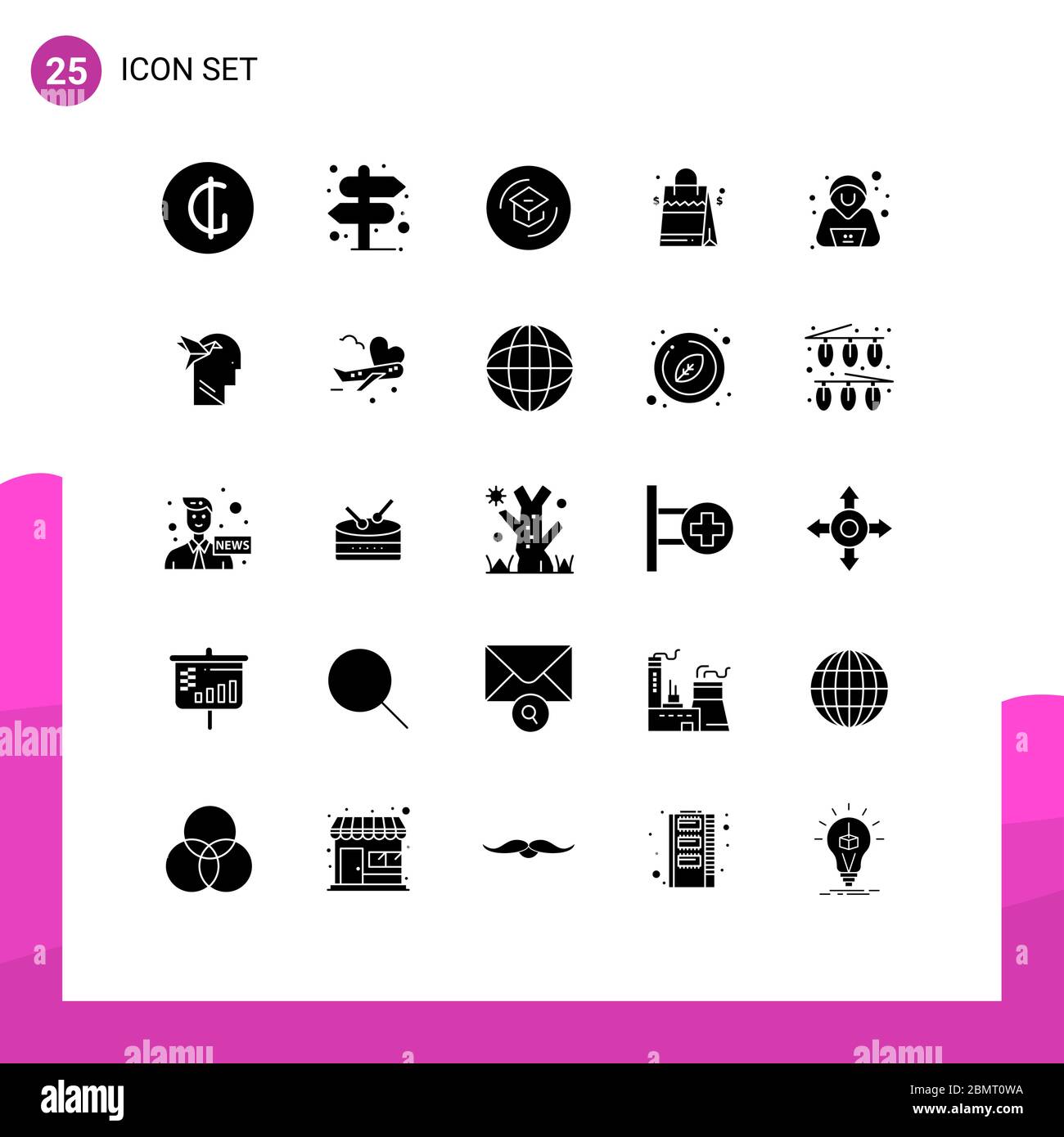 Pictogram Set of 25 Simple Solid Glyphs of confirm, usa, education, handbag, school Editable Vector Design Elements Stock Vector