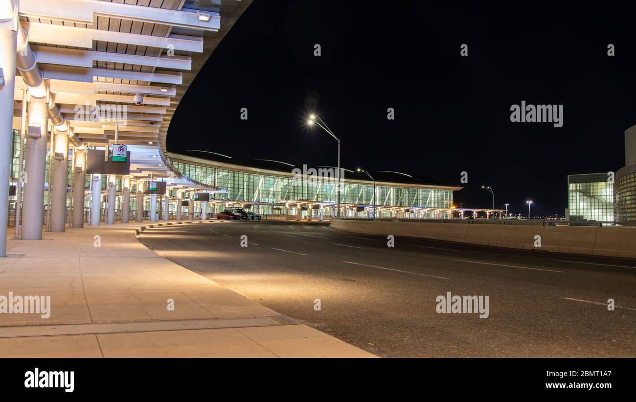 Toronto Pearson Terminal 1 building seen empty during evening rush hour amid the global coronavirus COVID-19 pandemic. Stock Photo