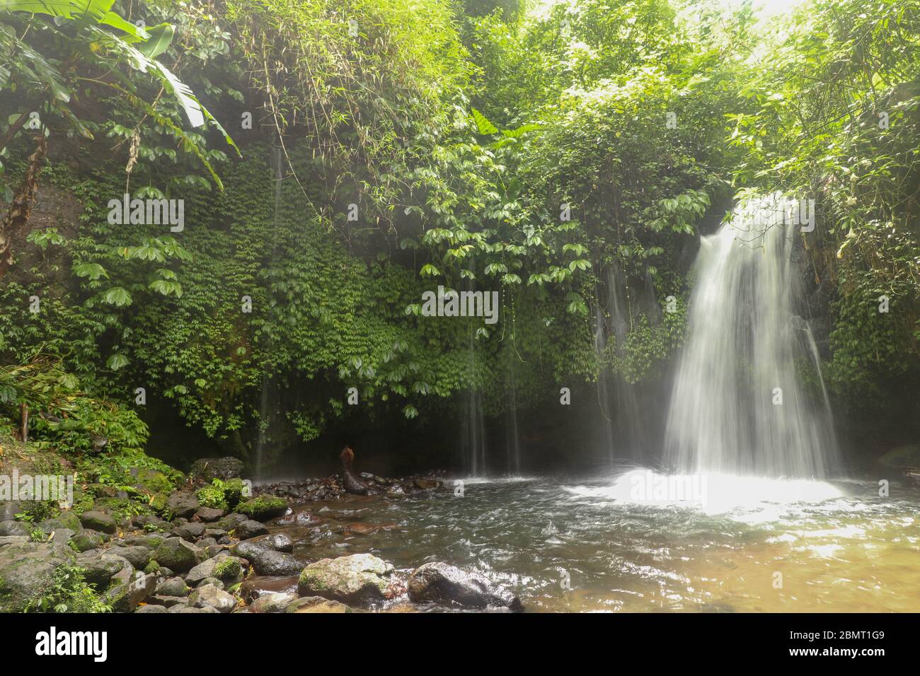 Yeh Ho Waterfall is located in the lush rice field-laden Penebel Stock Photo