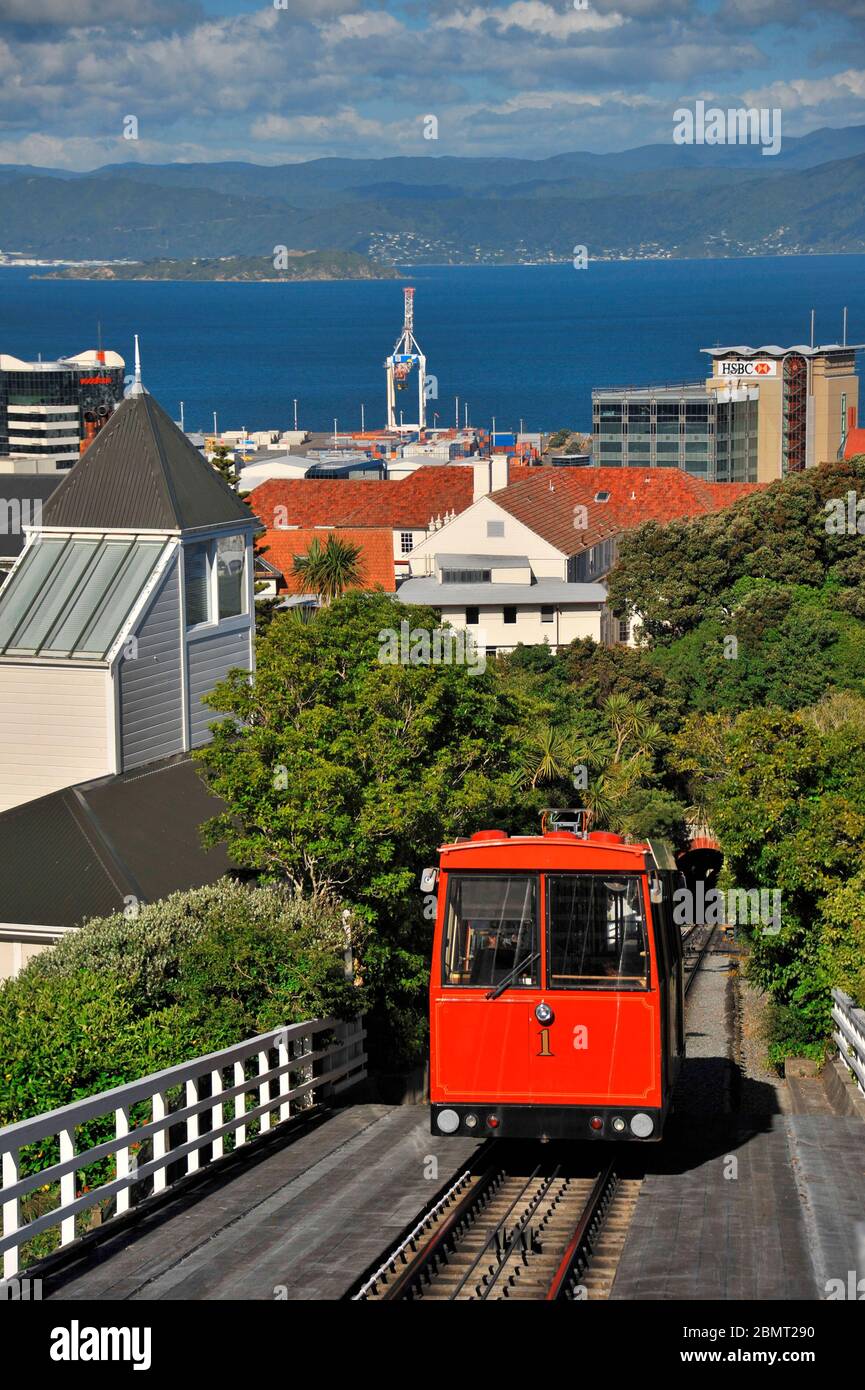 A portrait view of the Wellington cable car, with the harbour in the background. Wellington, New Zealand. Stock Photo