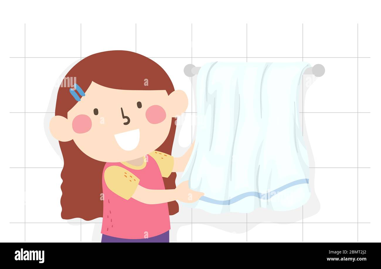 Illustration of a Kid Girl Hanging Wet Towel on Rack After Use in the