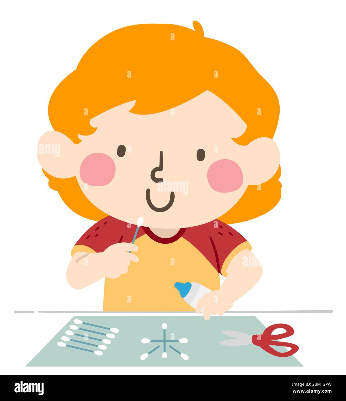 Illustration of a Kid Boy Using Cotton Buds to Make Snowflakes Stock