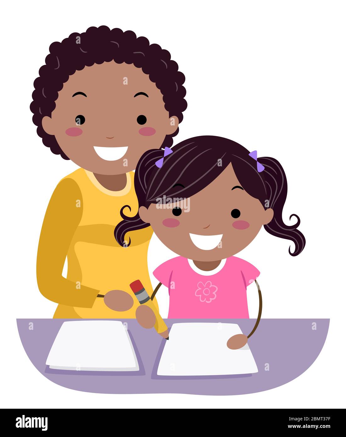 illustration of a stickman teenage girl teaching a kid girl to write using a pencil stock photo alamy