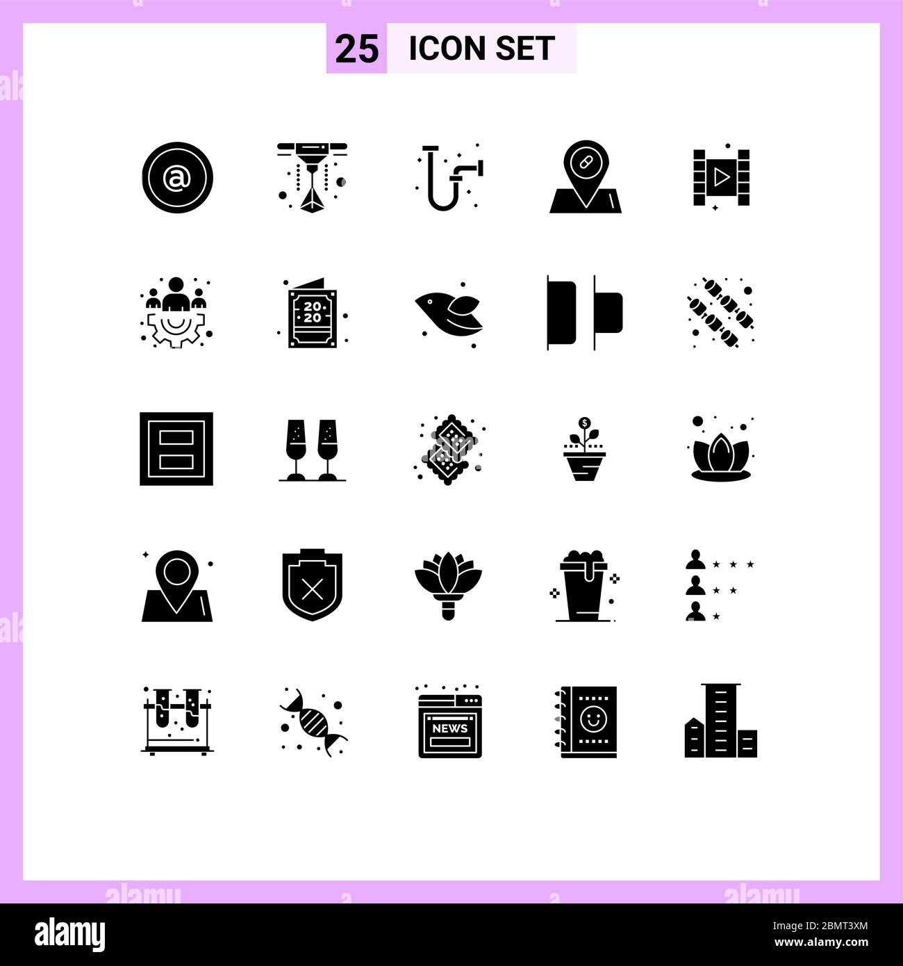 Group of 25 Modern Solid Glyphs Set for management, film, industrial, play, pills Editable Vector Design Elements Stock Vector