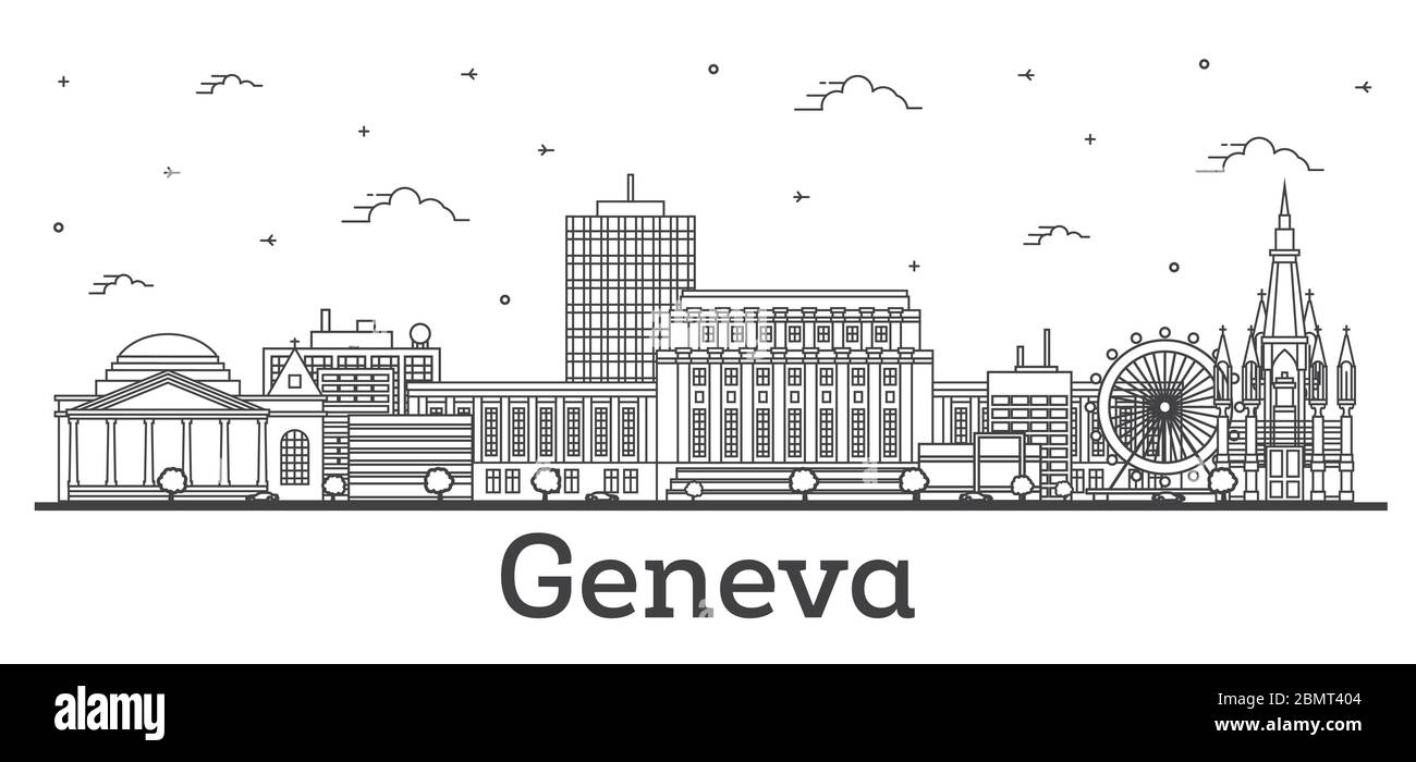 Outline Geneva Switzerland City Skyline with Modern Buildings Isolated on White. Vector Illustration. Geneva Cityscape with Landmarks. Stock Vector