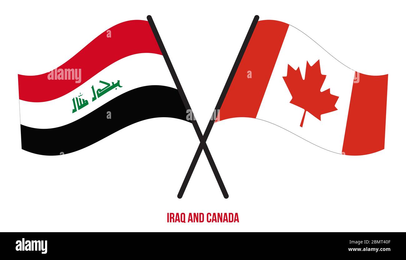 Iraq and Canada Flags Crossed And Waving Flat Style. Official Proportion. Correct Colors. Stock Photo