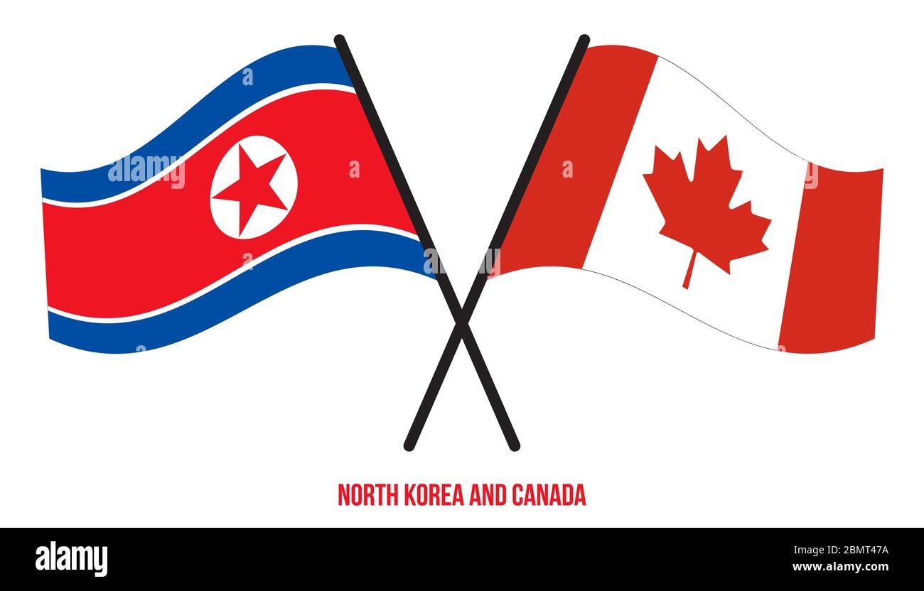 North Korea and Canada Flags Crossed And Waving Flat Style. Official