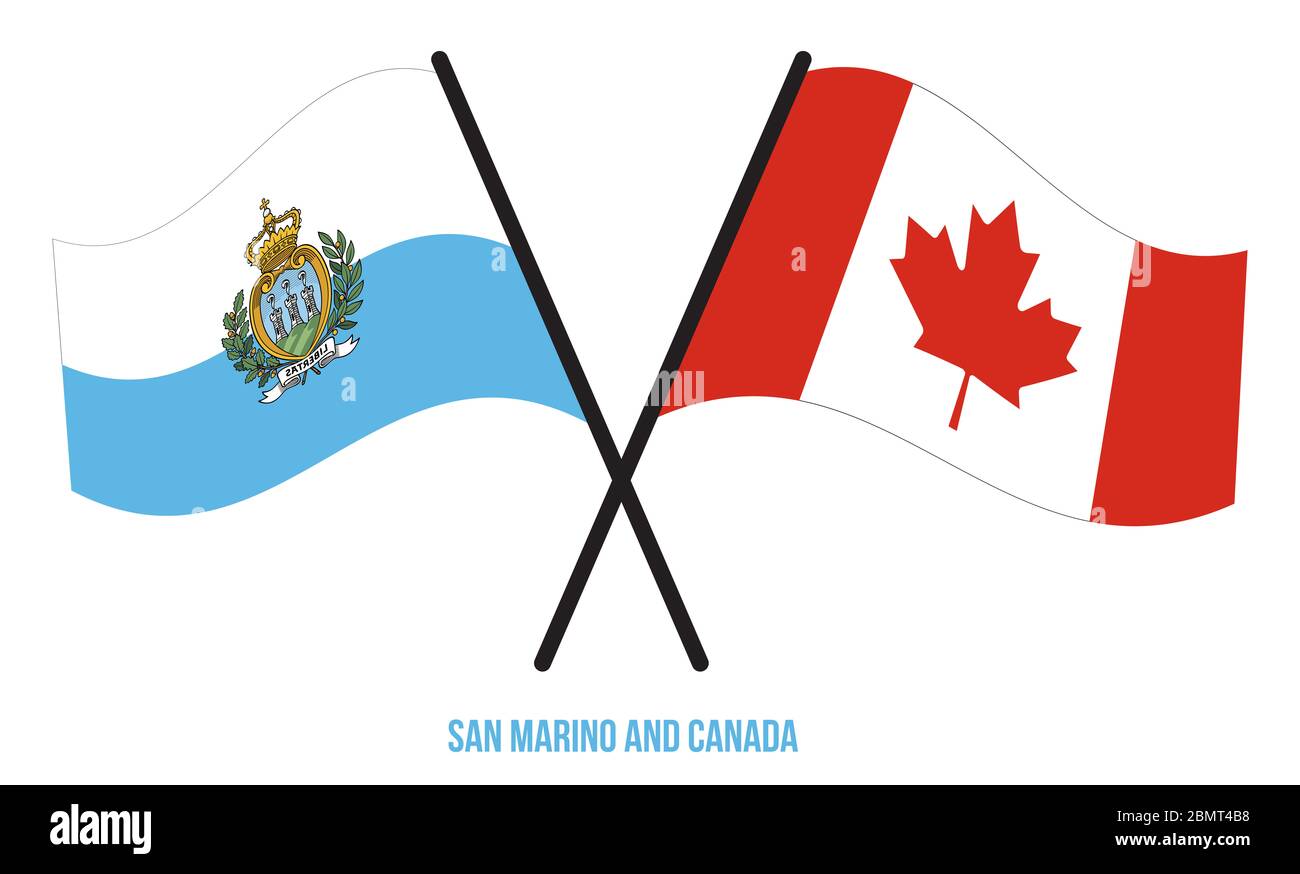 San Marino and Canada Flags Crossed And Waving Flat Style. Official Proportion. Correct Colors