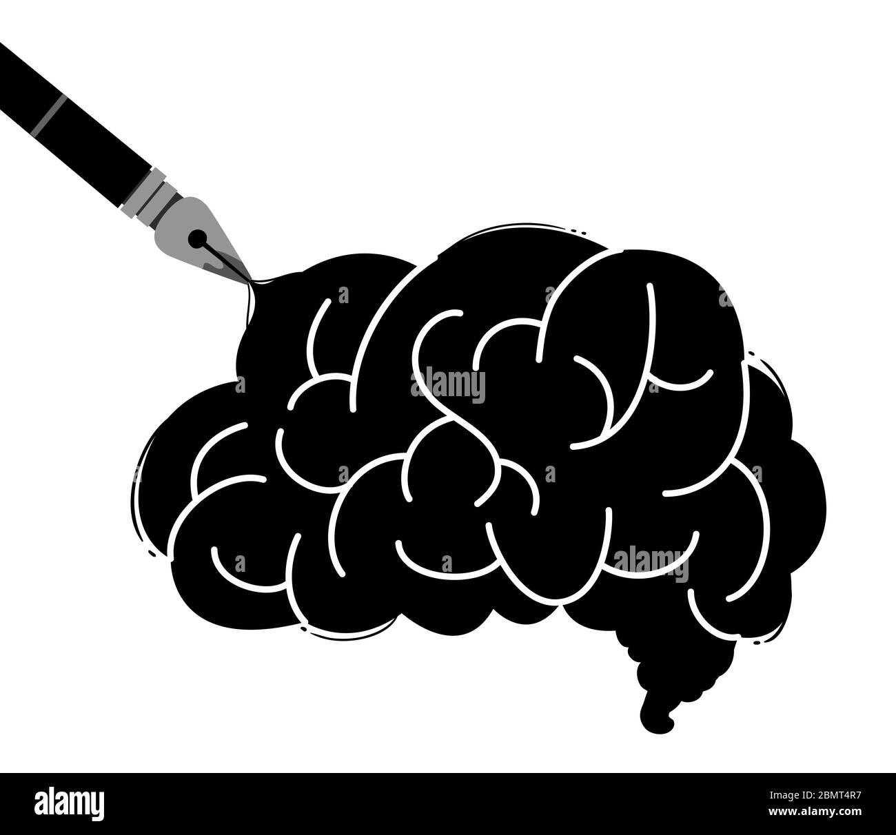 Illustration of a Black Brain Drawn From a Fountain Pen Stock Photo