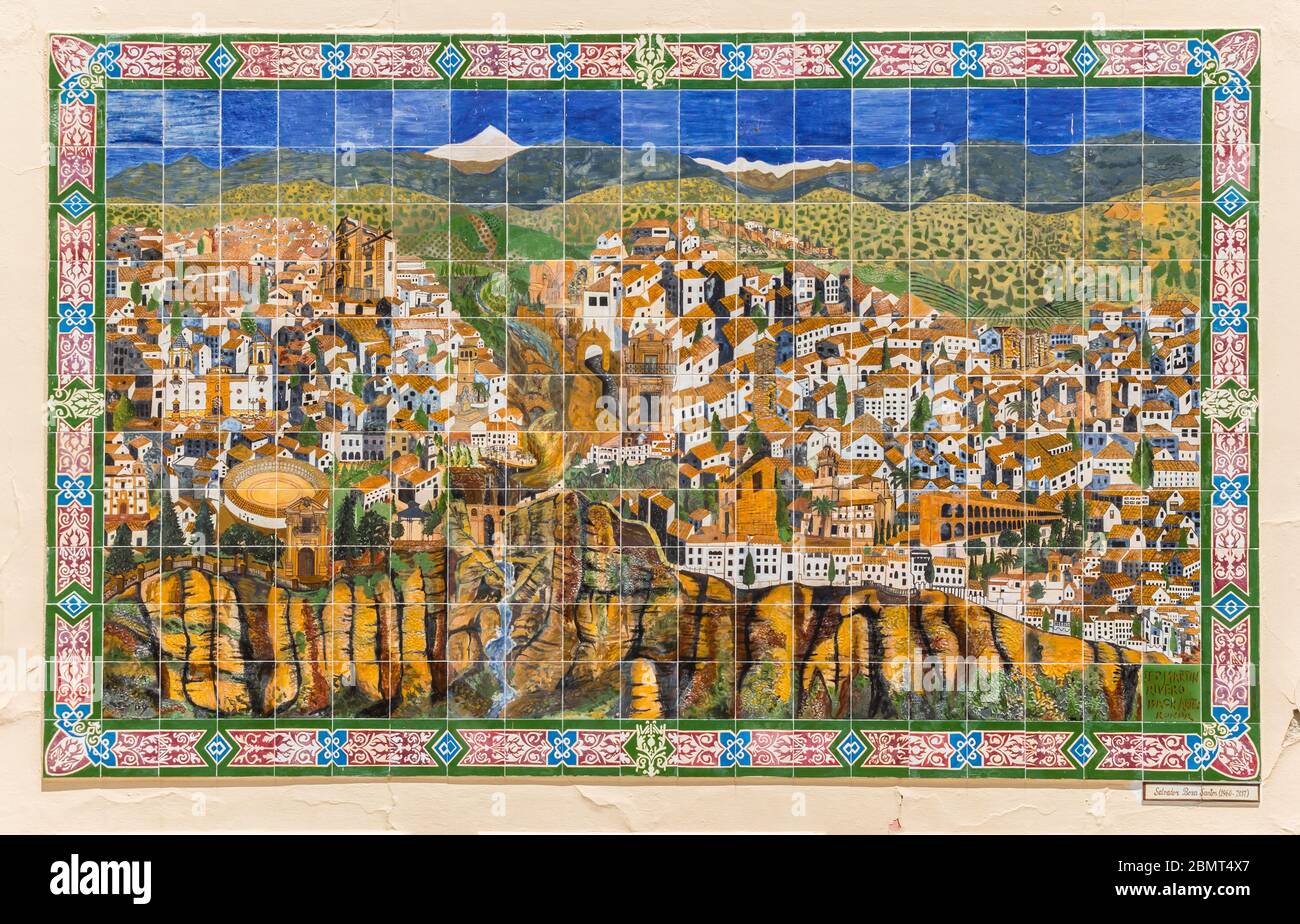 Colorful painting of historic city Ronda, Spain on ceramic tiles Stock Photo