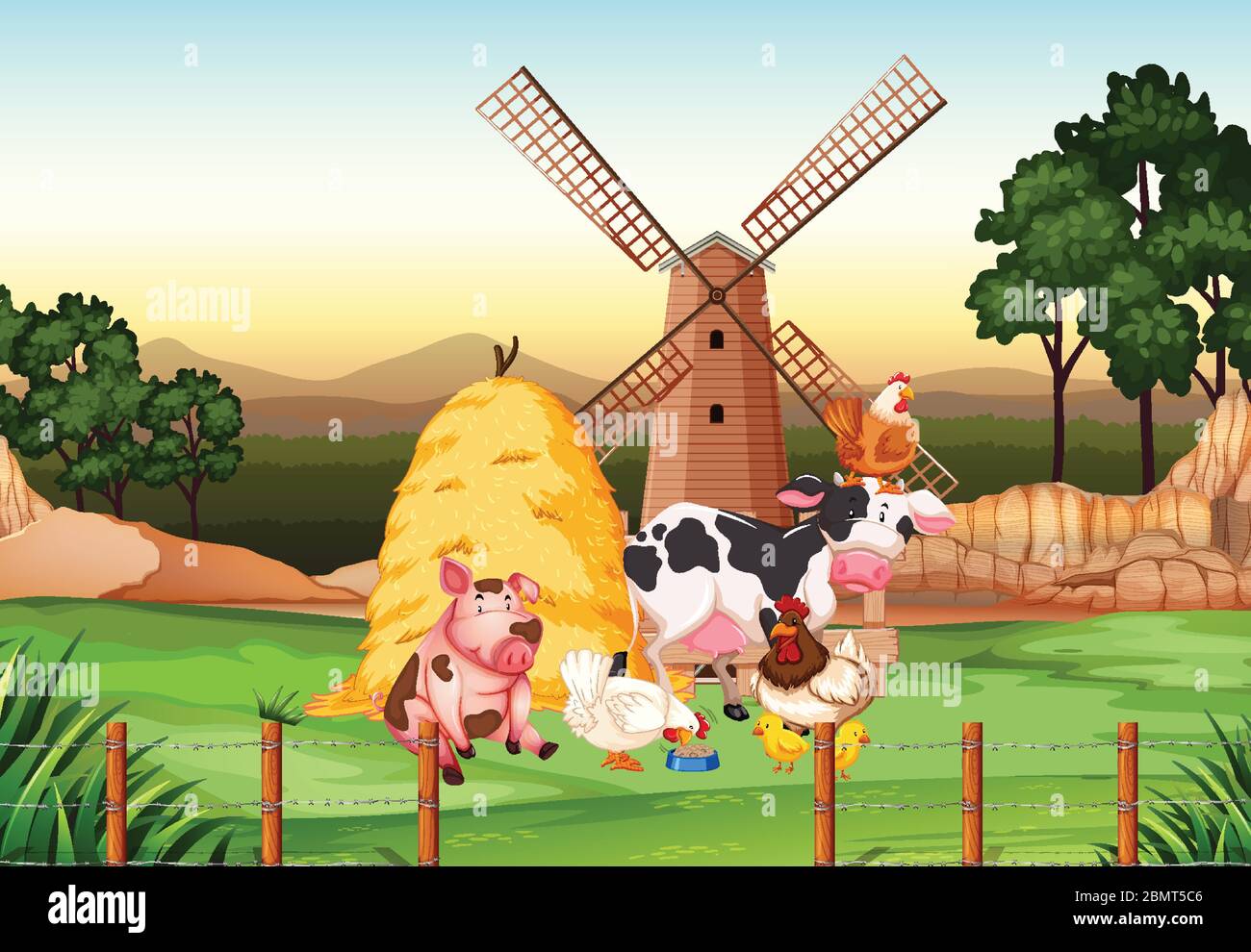 Farm scene with many animals on the farm illustration Stock Vector ...