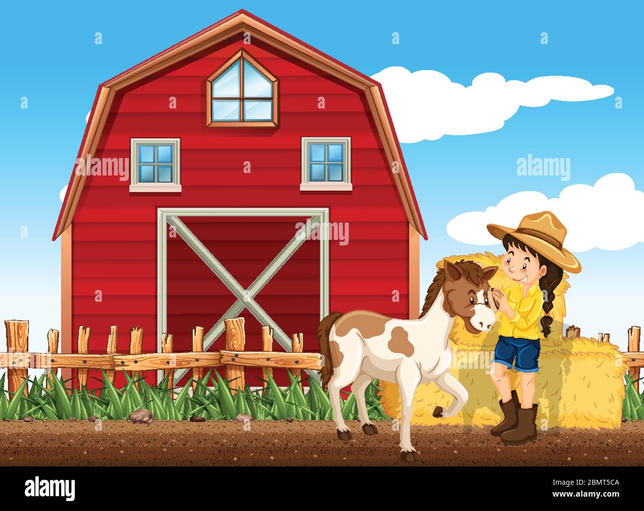Farm scene with girl and horse on the farm illustration Stock Vector ...