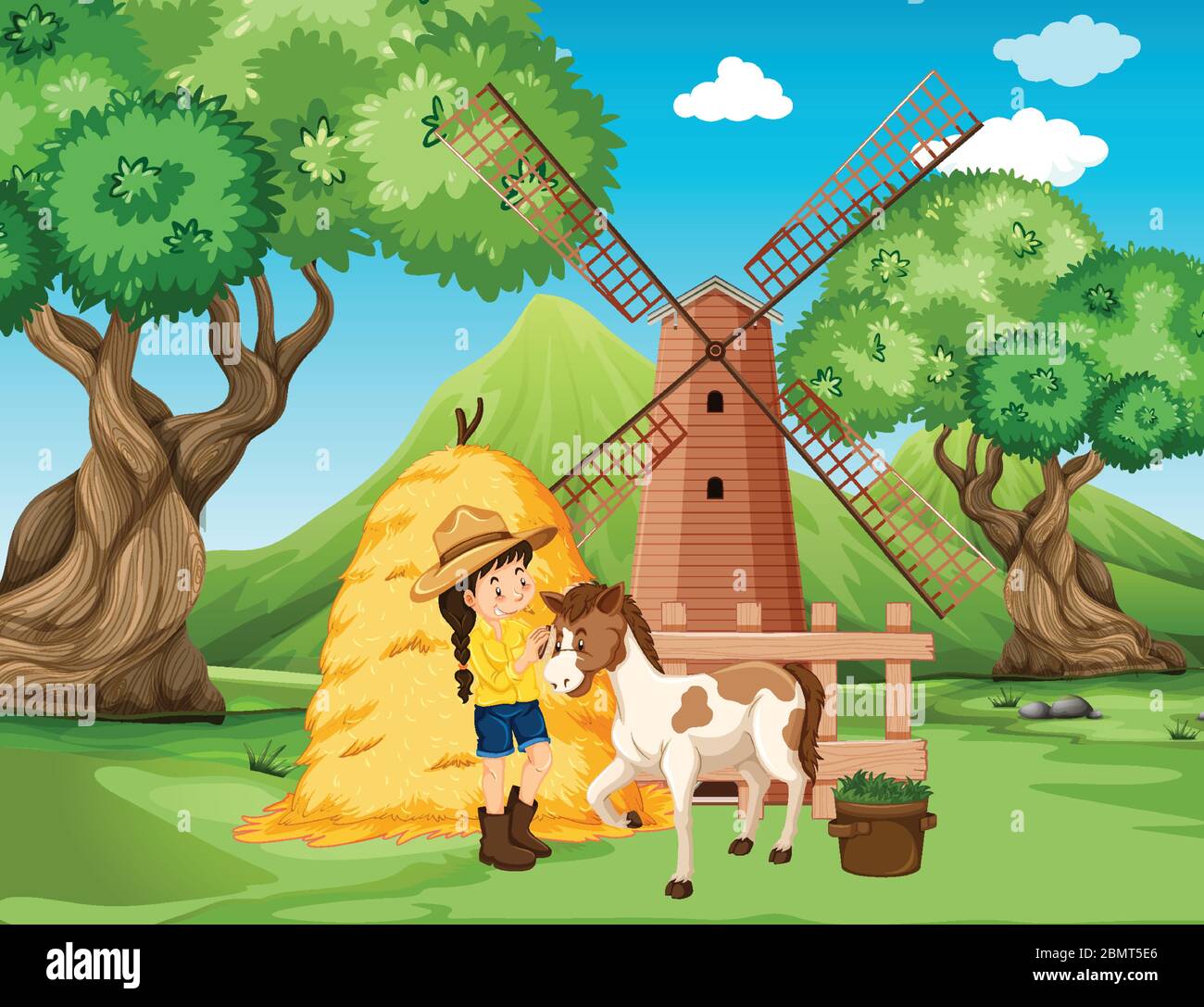 Farm scene with girl and horse on the farm illustration Stock Vector ...