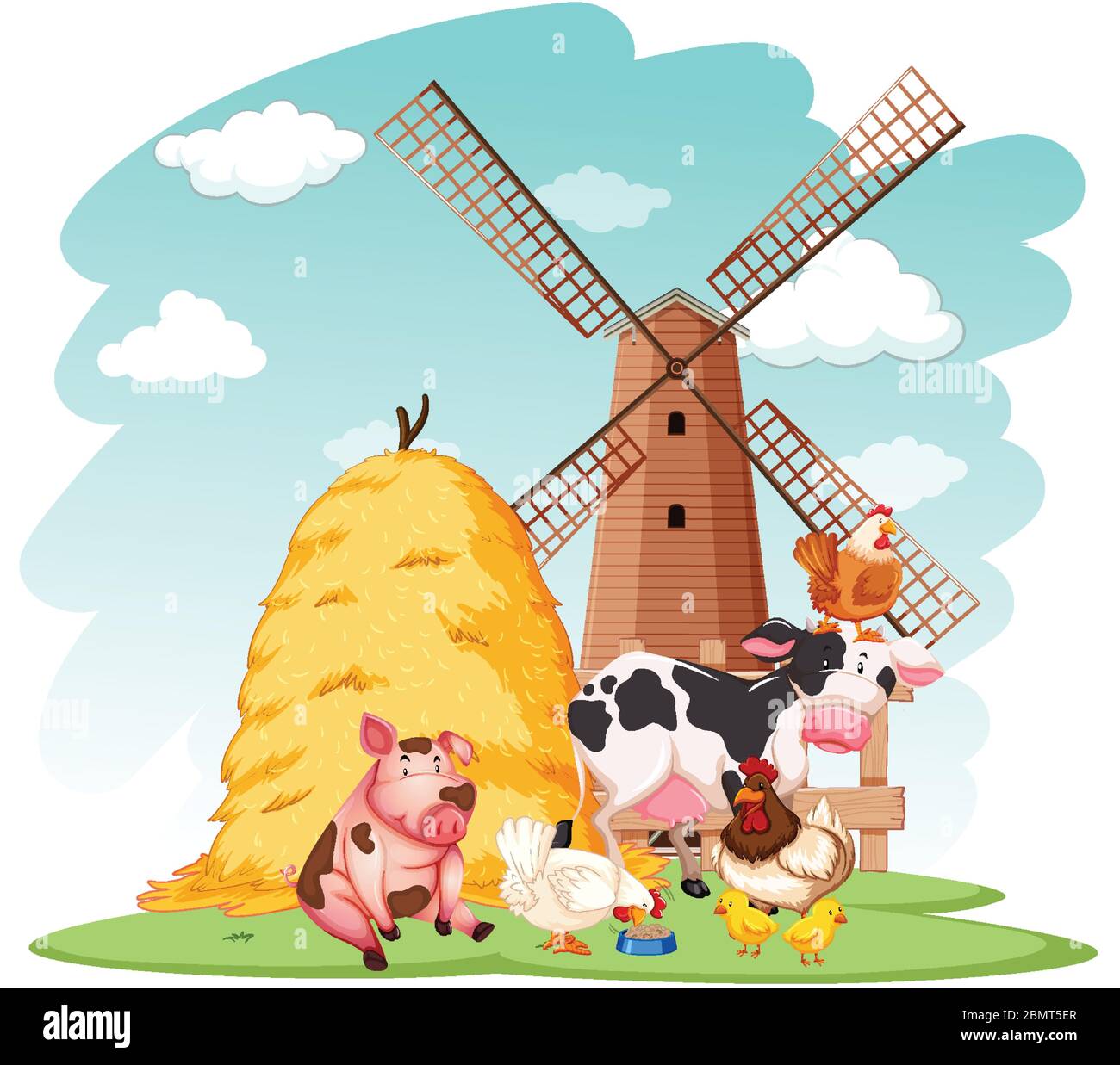 Farm scene with farm animals on the farm illustration Stock Vector ...