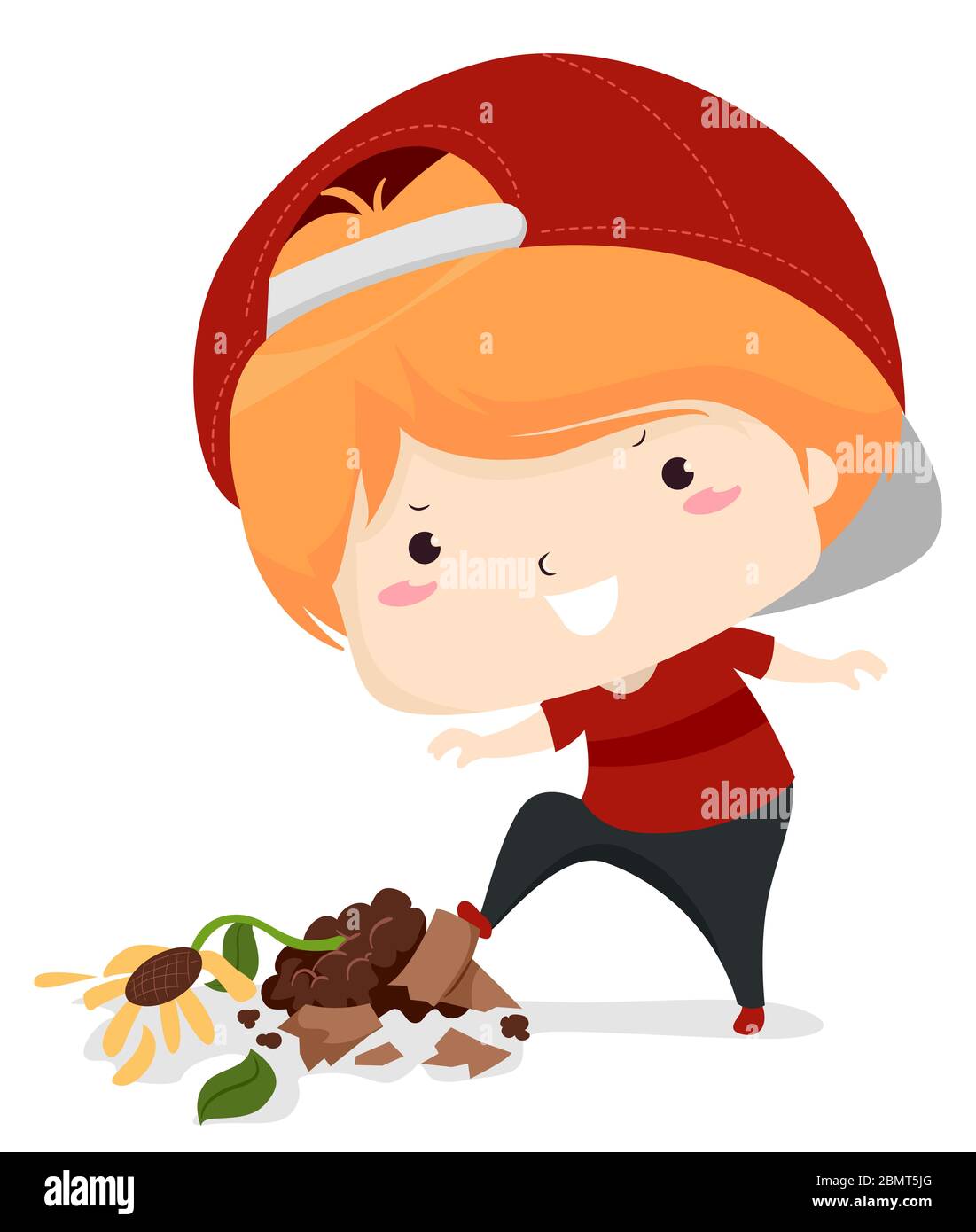 Illustration of a Kid Boy Doing Something Bad, Destroying a Potted Flower Plant and Stomping On It Stock Photo