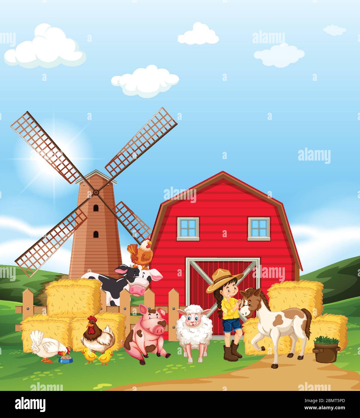 Farm scene with farmer and many animals on the farm illustration Stock ...