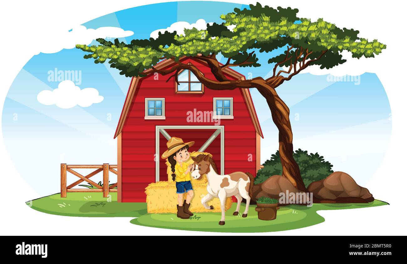Farm scene with farmer and pony on the farm illustration Stock Vector ...