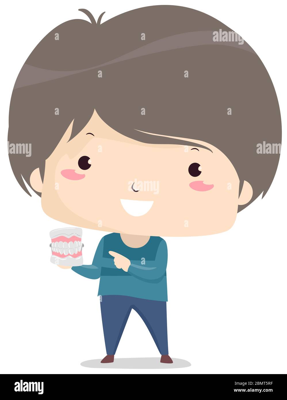 Illustration of Kid Boy Holding and Pointing to a Human Teeth Model Stock Photo