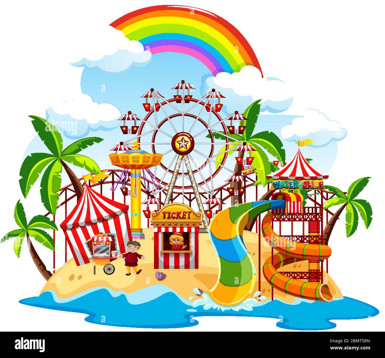 Themepark scene with many rides on the island illustration Stock Vector ...