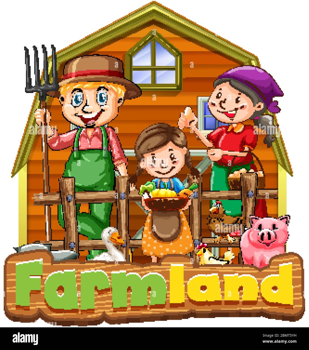 Font design for word farmland with farmer family and animals