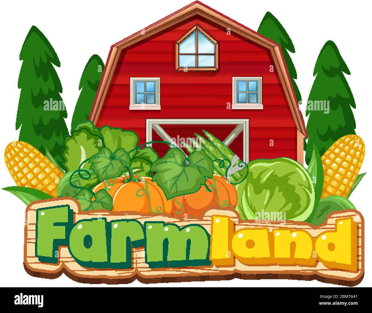 Farmland sign template with red barn and vegetables illustration Stock Vector