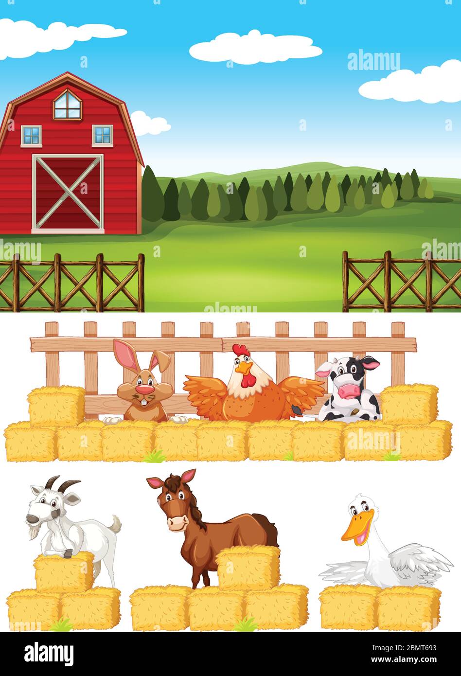 Farm scene with farm animals on the farm illustration Stock Vector ...