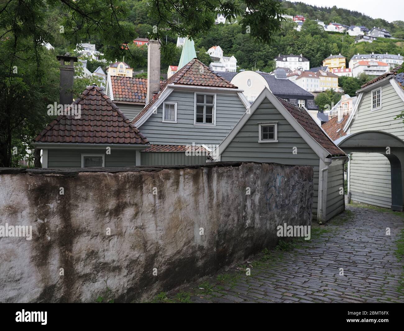 Traditional wooden housing estate in Bergen town in Norway Stock Photo
