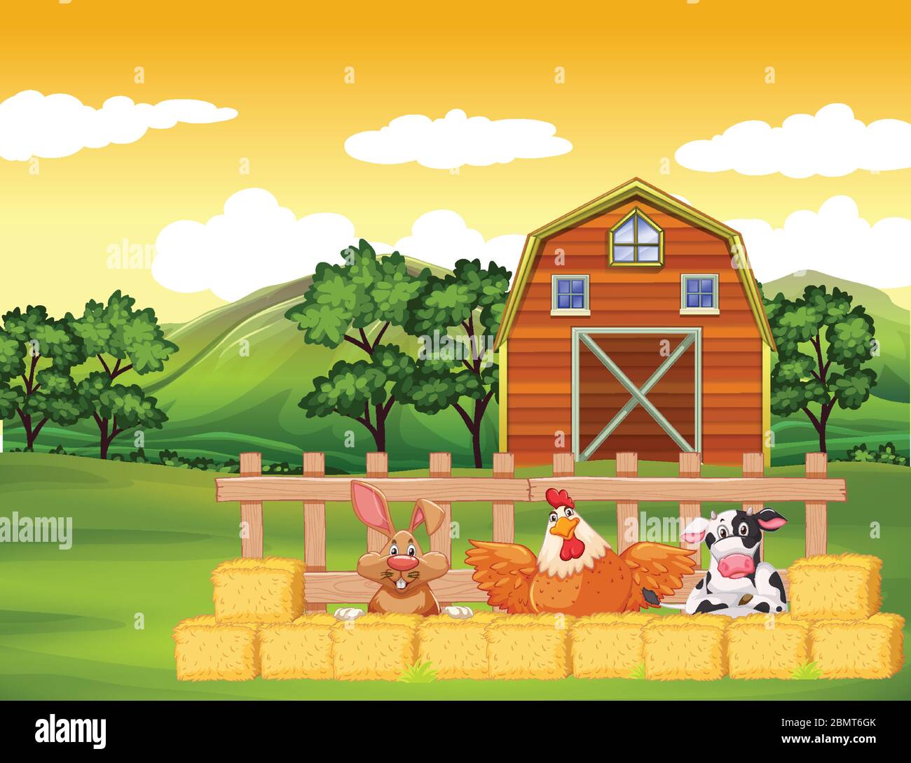 Farm scene with animals and barn on the farm illustration Stock Vector ...