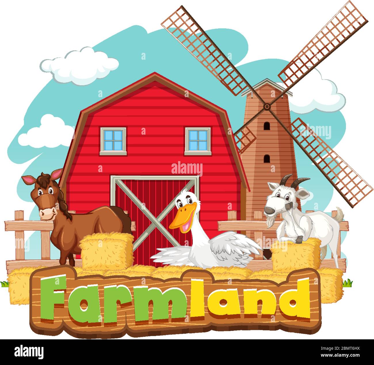 Farmland sign with many animals and red barn illustration Stock Vector