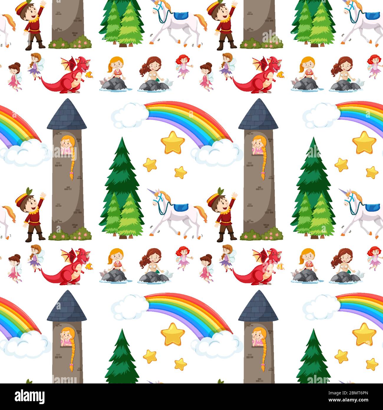 Seamless children is fairy tale castle and dragon with rainbow in the ...