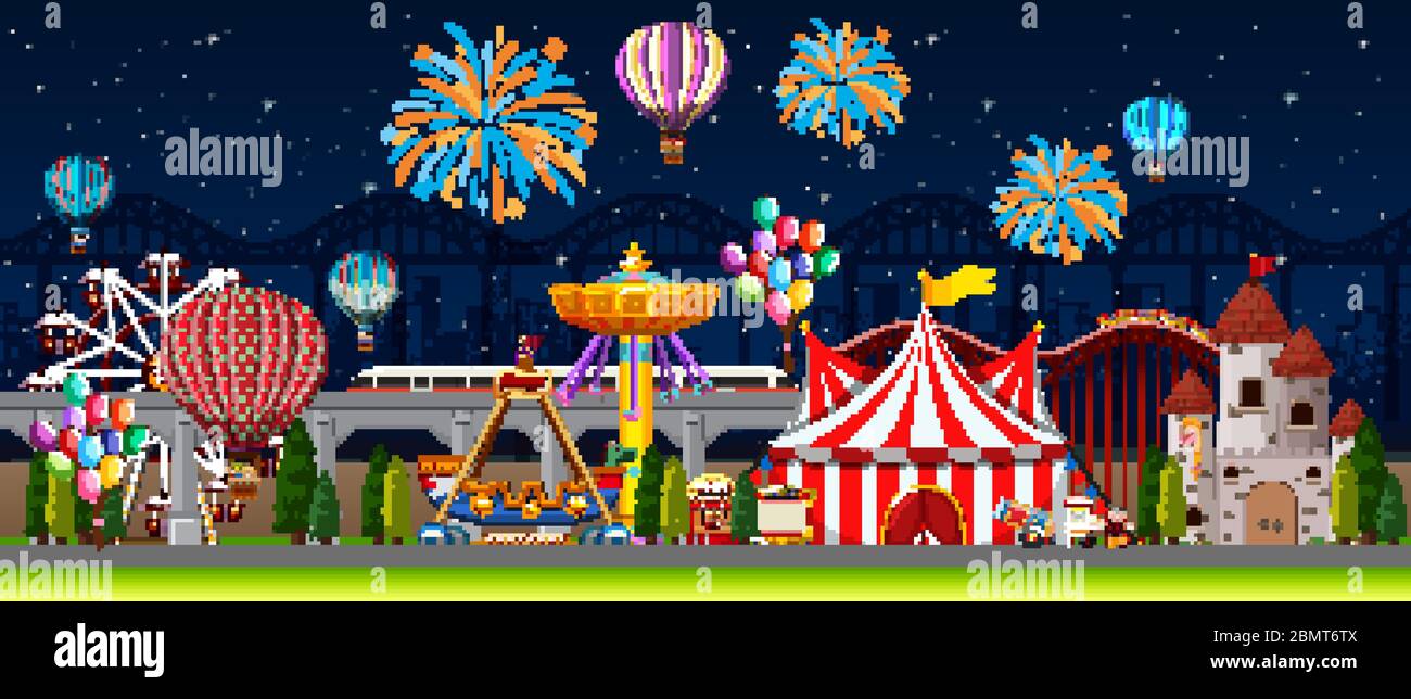 Themepark scene with many rides at night illustration Stock Vector ...