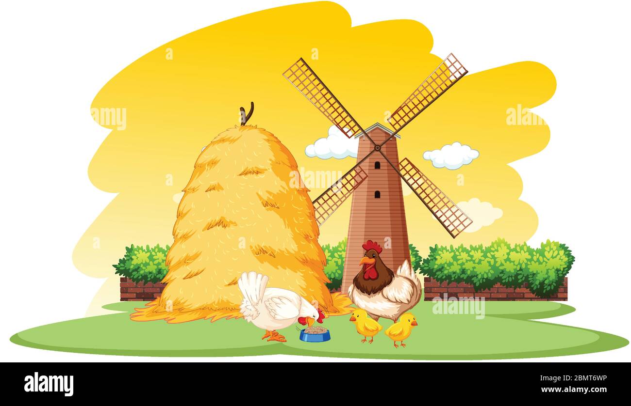 Farm scene with chickens and windmill on the farm illustration Stock