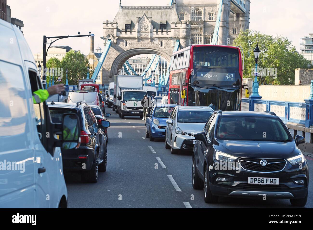 Bumper to bumper traffic on an approach road to Tower Bridge in London, the morning after Prime Minister Boris Johnson said people who cannot work from home should be 'actively encouraged' to return to their jobs from Monday. Stock Photo