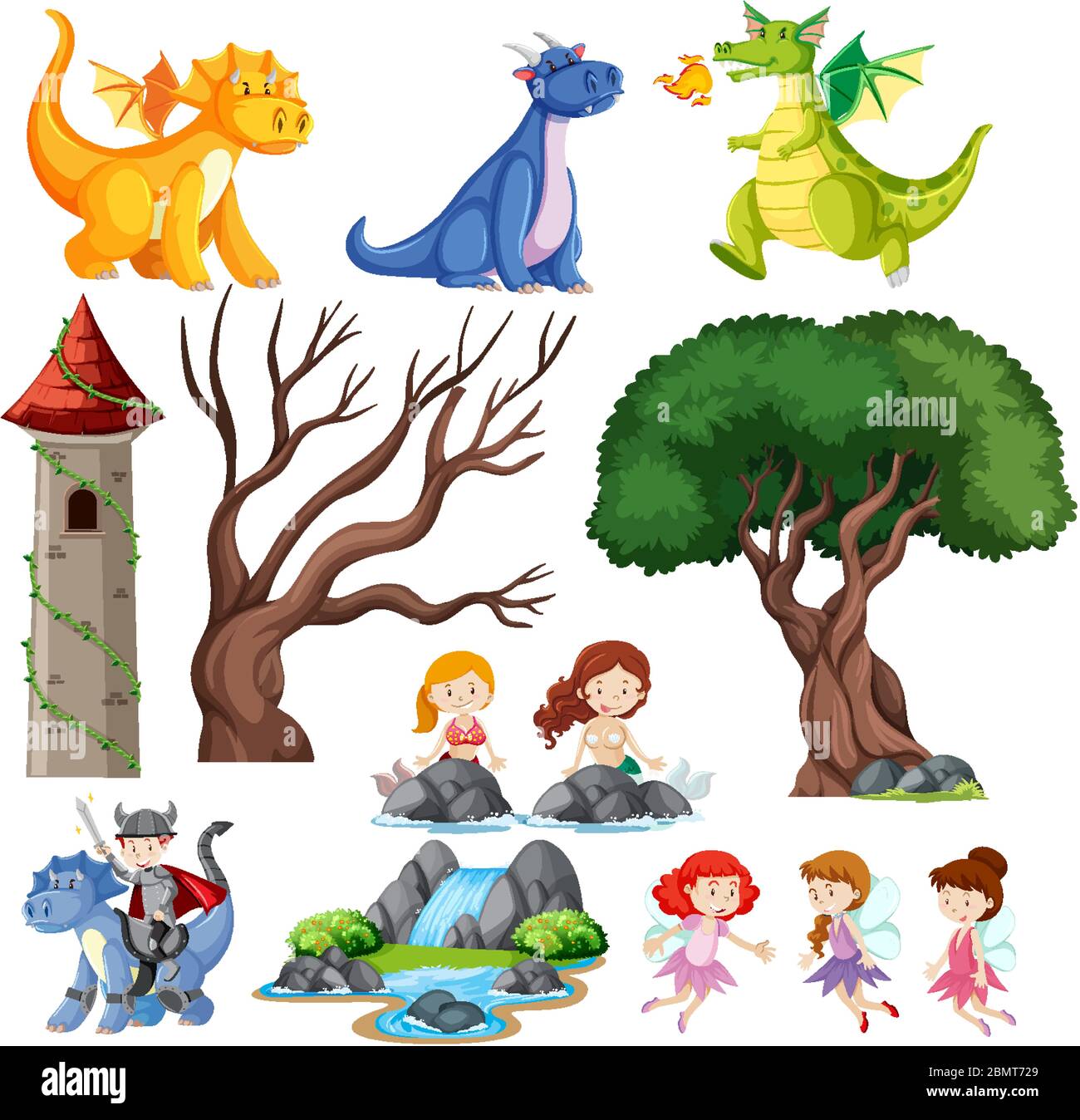 Set of children is fairy tale castle and dragon illustration Stock ...
